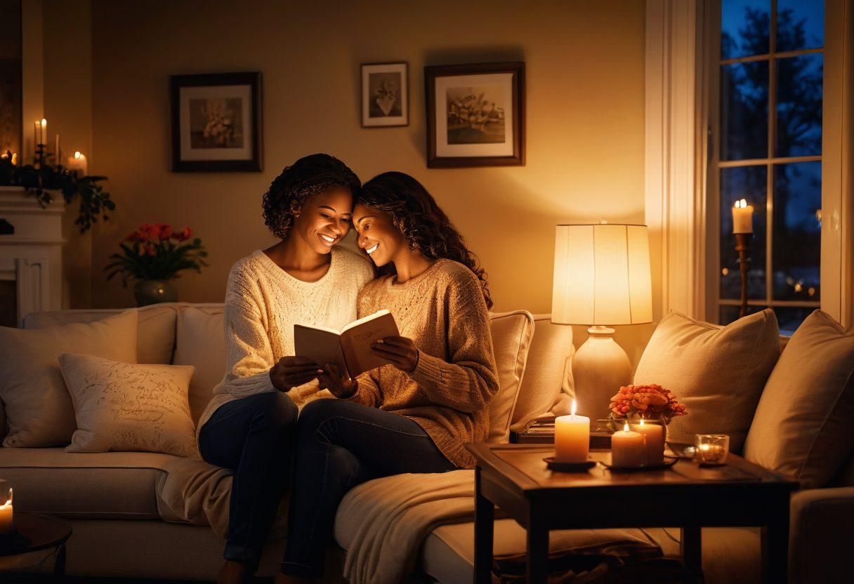 A warm, intimate scene of a couple sharing a heartfelt moment in a cozy living room, surrounded by soft candlelight and personal mementos. Their expressions reflect deep connection and joy, with subtle hints of love letters and symbols of partnership in the background. The ambiance exudes passion and comfort, inviting the viewer into their love story. super-realistic. warm colors. soft lighting.