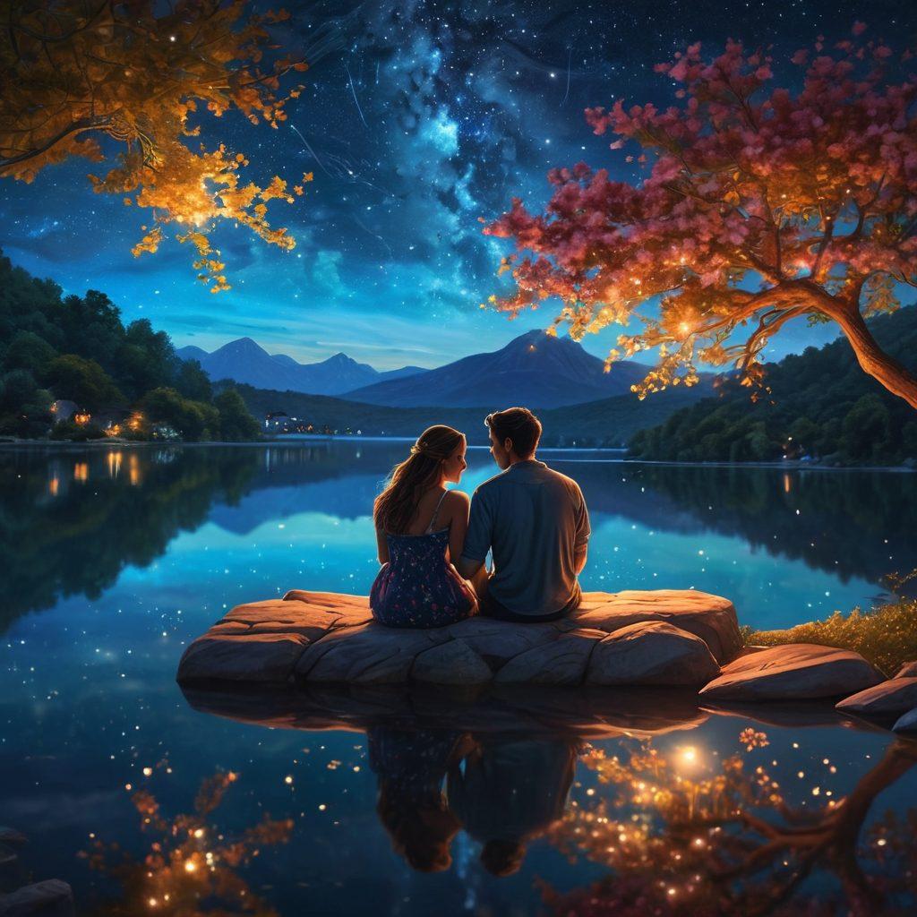 A beautifully intertwined couple sitting under a starlit sky, surrounded by soft glowing lights symbolizing love and connection. Their expressions radiate deep emotional intimacy, with gentle smiles reflecting passion. Incorporate elements of nature like blooming flowers and a serene lake that signify harmony. The atmosphere should feel warm and inviting. vibrant colors. super-realistic.
