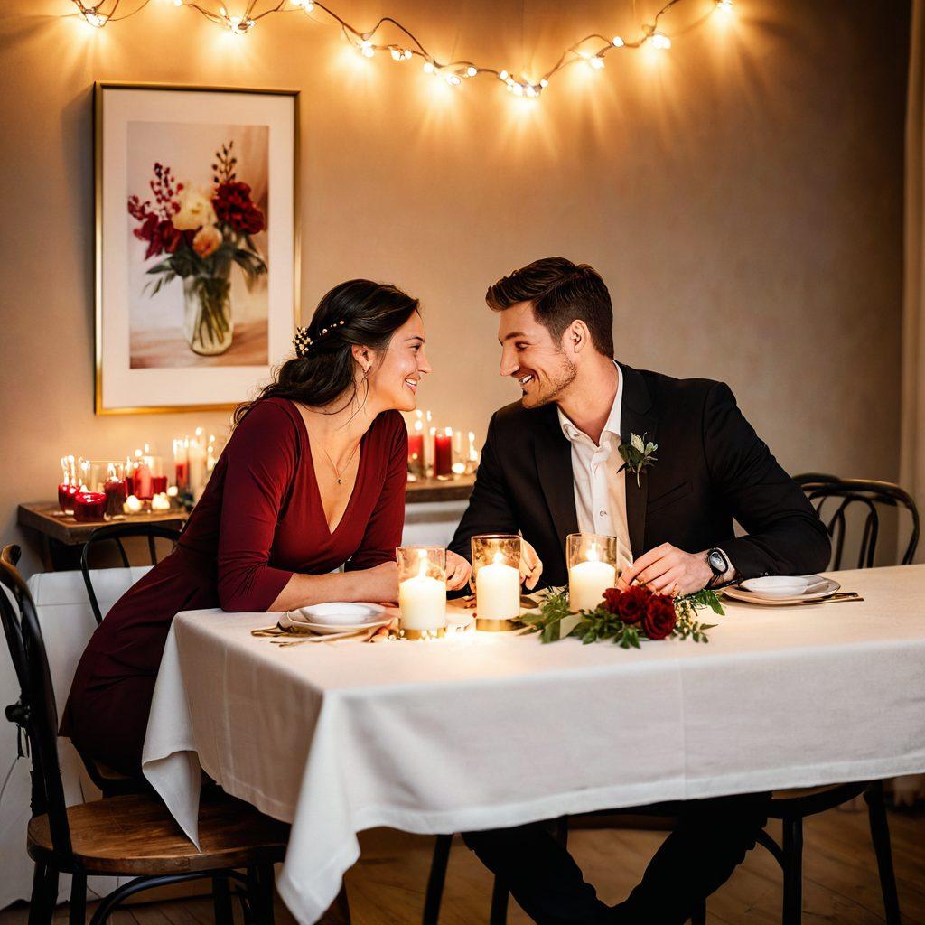 A cozy, intimate setting with a couple sitting closely together, sharing laughter over a candlelit dinner. Surround them with soft, warm colors and romantic decorations, like flowers and fairy lights, reflecting a deepening bond. Include subtle symbols of love, such as intertwined hands or a heart-shaped decoration in the background. Emphasize warmth and connection in the atmosphere. vibrant colors. soft focus.